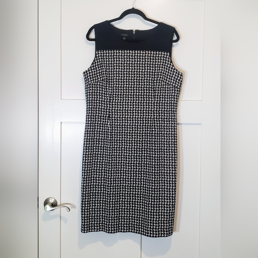 Talbots Tweed Houndstooth Sheath Midi Dress Sleeveless Stretch Lined Size 14